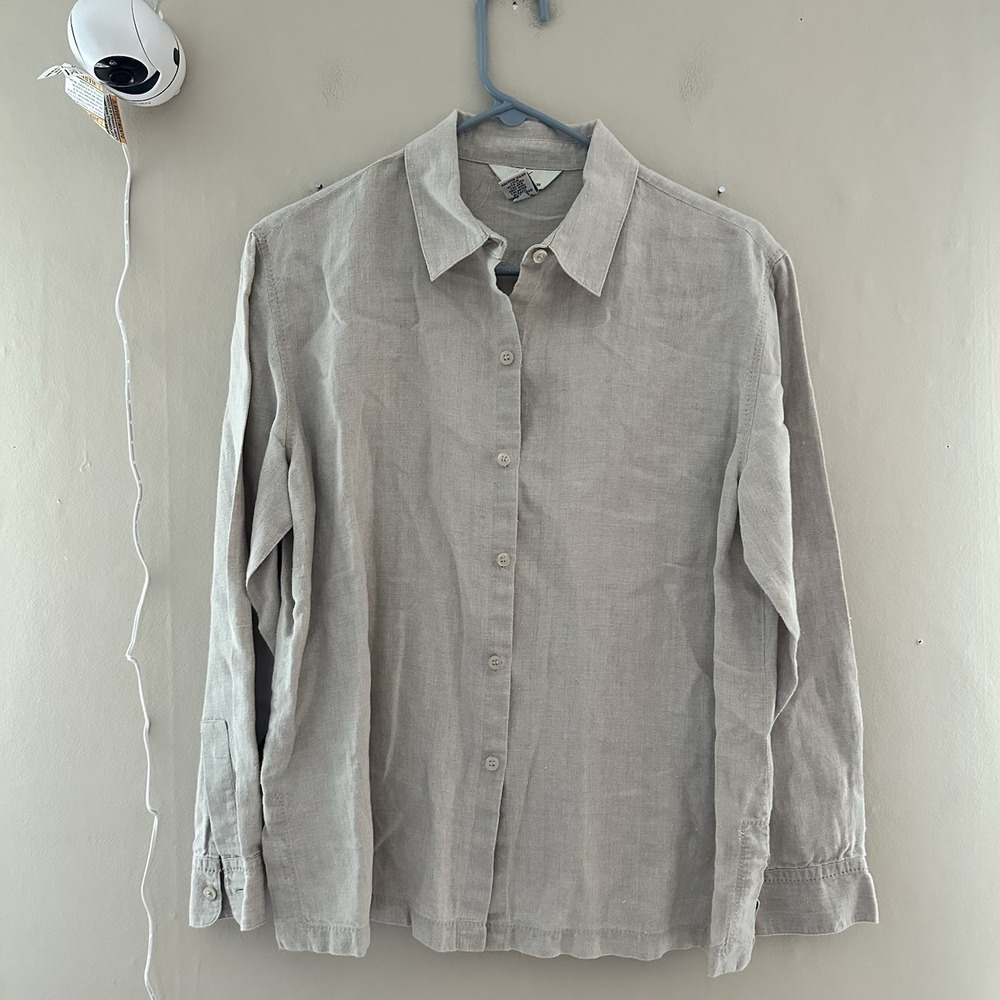 Brooks Brothers Womens Linen Button Up Blouse Size 10 Gray Beige Career Academia